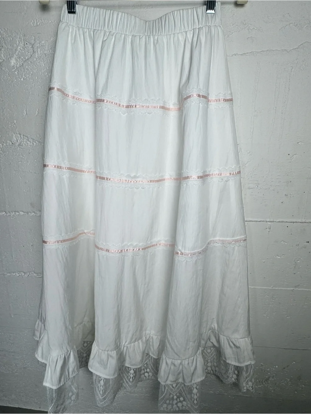 Dazy White Tiered Maxi Skirt with Lace Trim Cottagecore Petty Coat Lined Size M